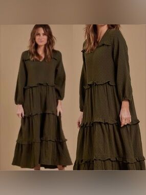 Rylee & Cru Mabel army Dress Olive Green Tiered V-Neck Wimsygoth SZM boho